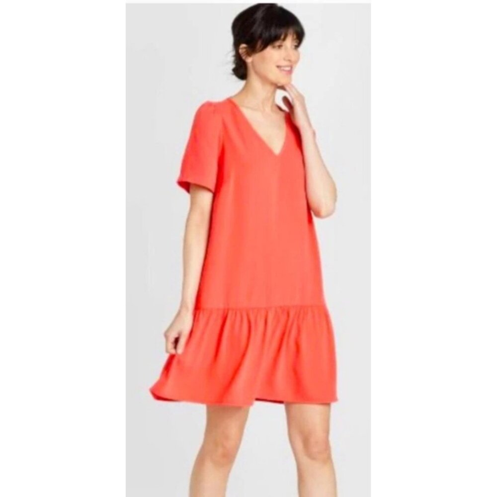 A New Day Coral Ruffle Hem Knee Length V-Neck Shift Dress S